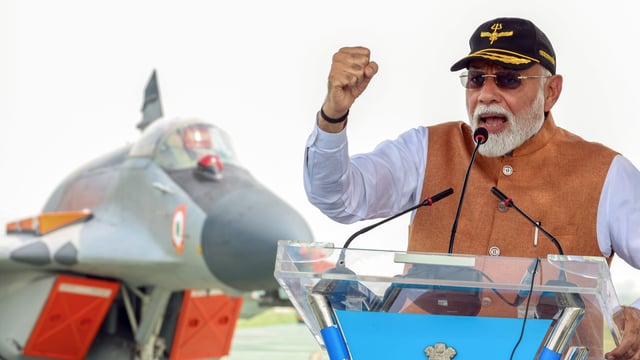 Prime Minister Narendra Modi addresses during his visit to the Adampur Air Base, in Jalandhar on Tuesday.