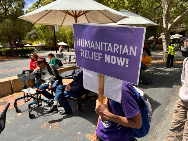 Dozens of students and community activists launched a hunger strike at Stanford University’s White Plaza on Monday, May 12, 2025, demanding divestment from Israel and other actions in support of Palestinians in Gaza. (Ryan Macasero/Bay Area News Group)