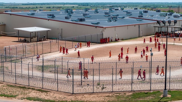 Drone view of detainees exercising in the courtyard at the Bluebonnet Detention Facility, the facility where Venezuelans at the center of a U.S. Supreme Court ruling are held, in Anson, Texas, U.S., April 28, 2025. REUTERS/Paul Ratje