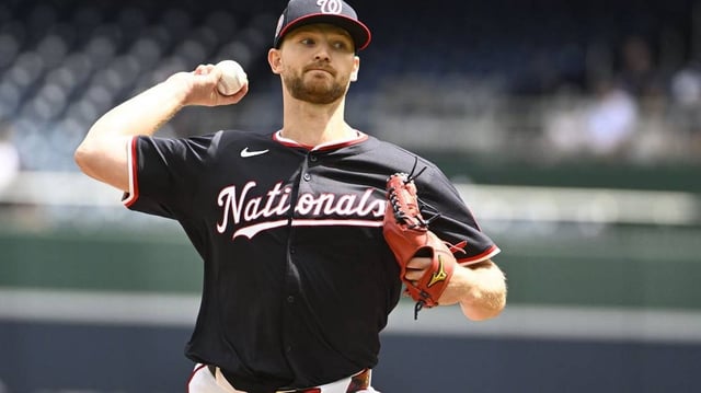 May 7, 2025; Washington, District of Columbia, USA; Washington Nationals starting pitcher Michael Soroka (34) throws to the Cleveland Guardians during the first inning at Nationals Park. Mandatory Credit: Brad Mills-Imagn Images