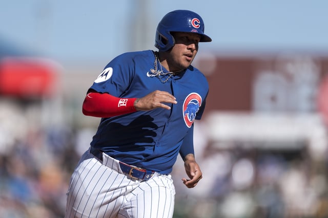 MESA, ARIZONA - MARCH 9: Moises Ballesteros #75 of the Chicago Cubs runs during a Spring Training game against the San Francisco Giants at Sloan Park on March 9, 2025 in Mesa, Arizona.