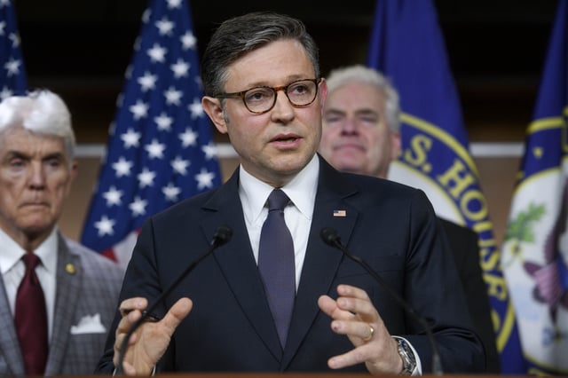 Speaker of the House Mike Johnson, R-La., speaks during a news conference at the Capitol, Tuesday, May 6, 2025, in Washington.
