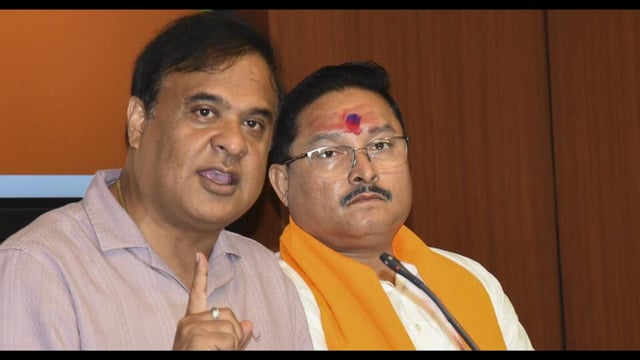 Assam chief minister Himanta Biswa Sarma with state BJP President Dilip Saikia at a news conference in Guwahati on Tuesday (PTI)