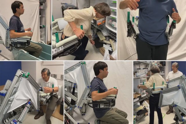 Six of multiple possible assistance scenarios with a prototype of a new robot being developed at MIT. Top row: getting into/out of a bathtub, bending down to reach objects, and catching a fall. Bottom row: powered sit-to-stand transition from a toilet, lifting a person from the floor, and walking assistance. Credits: Courtesy of the researchers