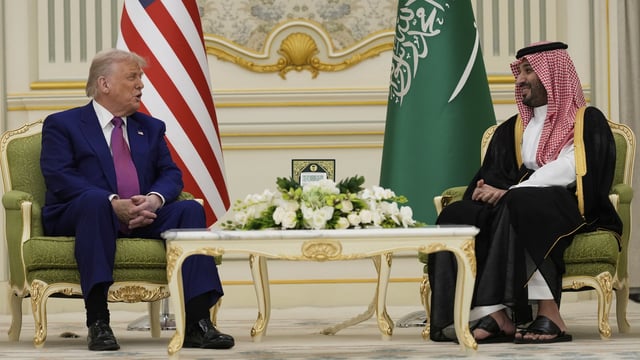 President Donald Trump and Saudi Crown Prince Mohammed bin Salman speak during a meeting at the Royal Palace in Riyadh, Saudi Arabia, Tuesday, May 13, 2025. AP/PTI(AP05_13_2025_000223B)