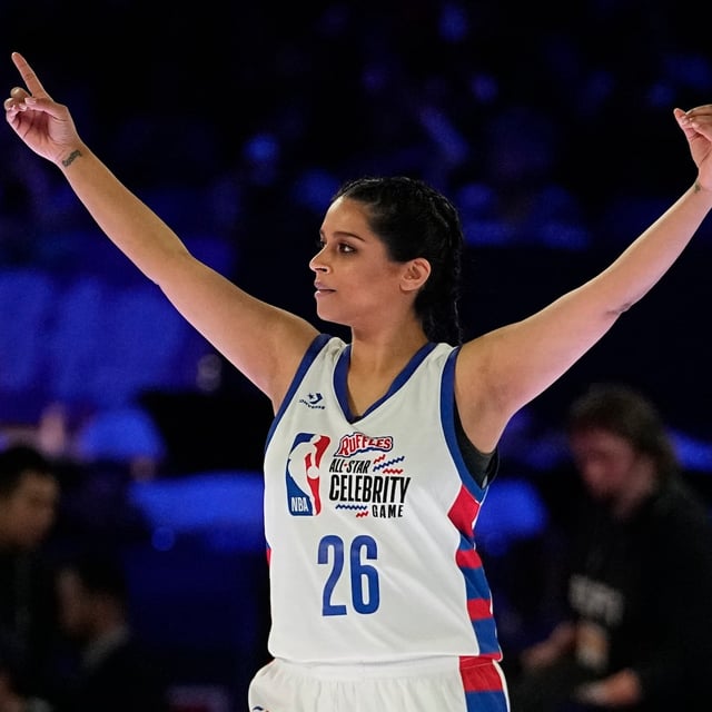 Actress and YouTuber Lilly Singh celebrates following the NBA basketball All-Star Celebrity Game, Friday, Feb. 16, 2024, in Indianapolis. (AP Photo/Darron Cummings)