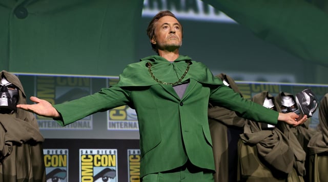 Robert Downey Jr. speaks onstage during the Marvel Studios Panel in Hall H at SDCC in San Diego, California on July 27, 2024.
