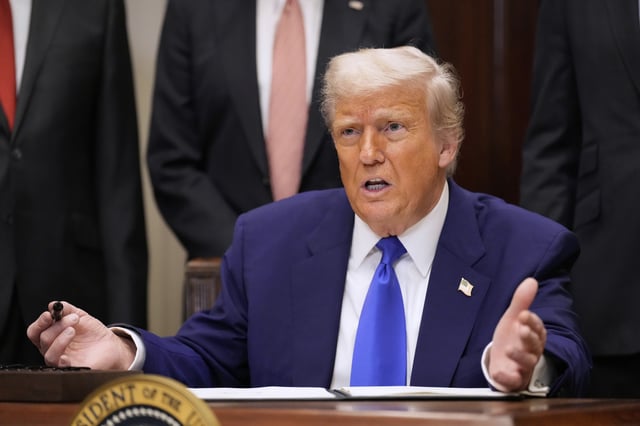 President Donald Trump speaks while signing an executive order related to drug prices, in the Roosevelt Room of the White House in Washington, Monday, May 12, 2025, in Washington.