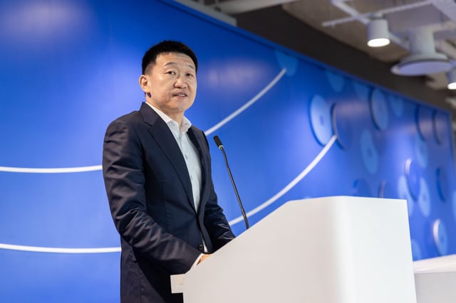 Forrest Li, Chairman and CEO of Sea, speaking at the company&#39;s rebrand of its financial services arm to Monee on May 8, 2025, at Rochester Commons in Singapore.