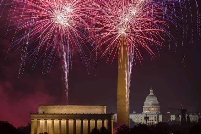 Fireworks burst above the National Mall and, from left, the Lincoln Memorial, Washington Monument and the U.S. Capitol during Independence Day celebrations on July 4, 2024, in Washington.