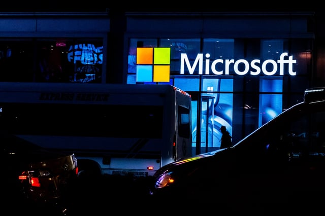 A Microsoft sign is seen on March 13, 2020 in New York City.