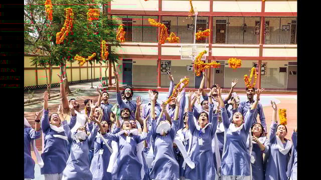 Lucknow Public School's students celebrate the declaration of the Central Board of Secondary Education (CBSE) results of classes 10th and 12th, in Lucknow on Tuesday. (ANI)