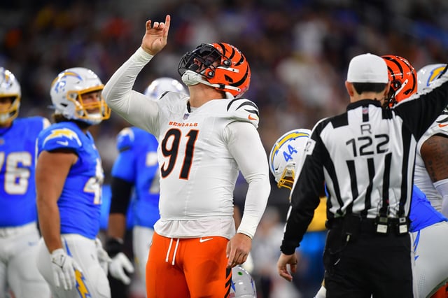 Nov 17, 2024; Inglewood, California, USA; Cincinnati Bengals defensive end Trey Hendrickson (91) reacts after sacking Los Angeles Chargers quarterback Justin Herbert (10) during the first half at SoFi Stadium. Mandatory Credit: Gary A. Vasquez-Imagn Images/File Photo