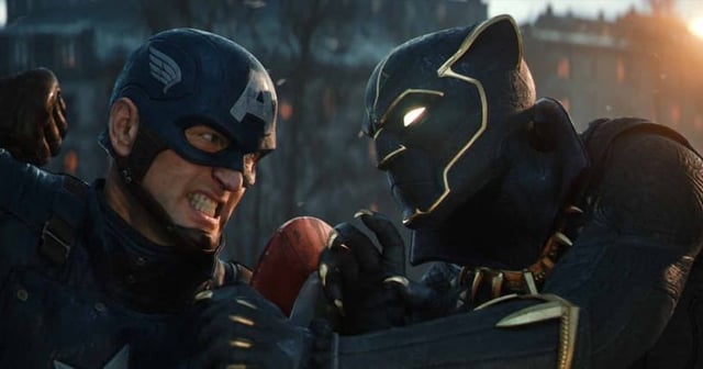 Screenshot from Marvel 1943: Rise of Hydra featuring Captain America fighting Black Panther