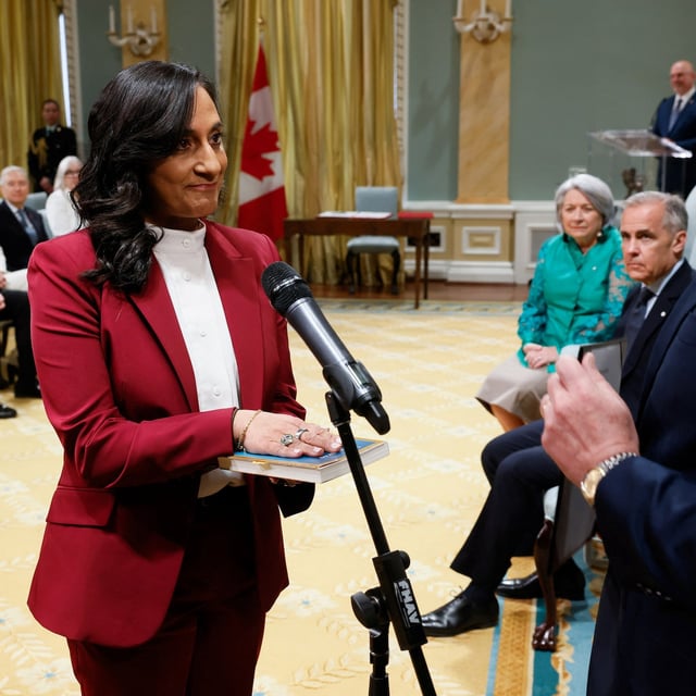 Anita Anand swears in as Canada's Minister of Foreign Affairs, during a cabinet shuffle at Rideau Hall, in Ottawa, Ontario, Canada May 13, 2025. REUTERS/Blair Gable