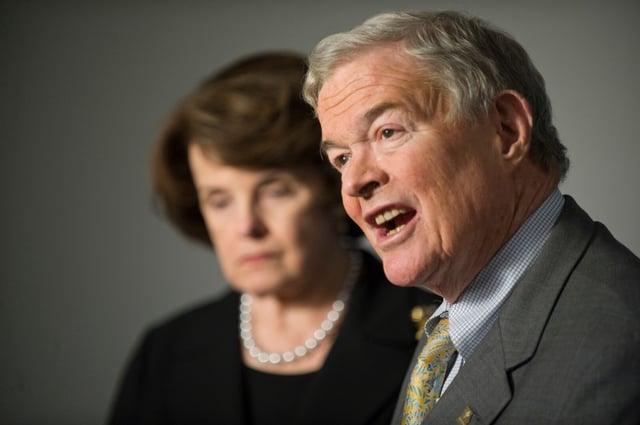 Then-Sen. Dianne Feinstein, D-Calif., chairman of the Senate Intelligence Committee, and then-Sen. Kit Bond, R-Mo., the vice chairman, hold a media availability following the committee's closed hearing into the attempted Times Square bomb attack on Tuesday, May 11, 2010.