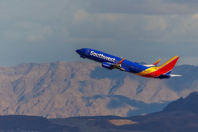 A Southwest commercial airliner takes off from Las Vegas International Airport in Las Vegas, Nevada, U.S., February 8, 2024.  REUTERS/Mike Blake/File Photo