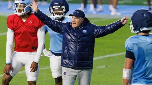 Head coach Bill Belichick of the North Carolina Tar Heels coaches during North Carolina's Practice Like A Pro Spring Football Event