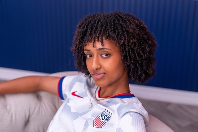 USWNT midfielder Lily Yohannes models the team's new "Brilliant" kit commemorating the 40th anniversary of the U.S. women's national team program.