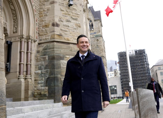 Conservative Leader Pierre Poilievre arrives on Parliament Hill in Ottawa for a meeting of the Conservative caucus following the federal election on May 6, 2025. THE CANADIAN PRESS/Justin Tang