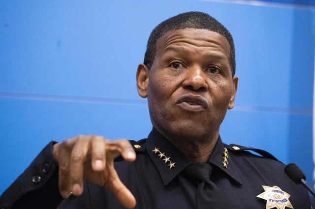 SFPD Chief William Scott addresses the media during a news conference at the San Francisco Police Department Headquarters in San Francisco.