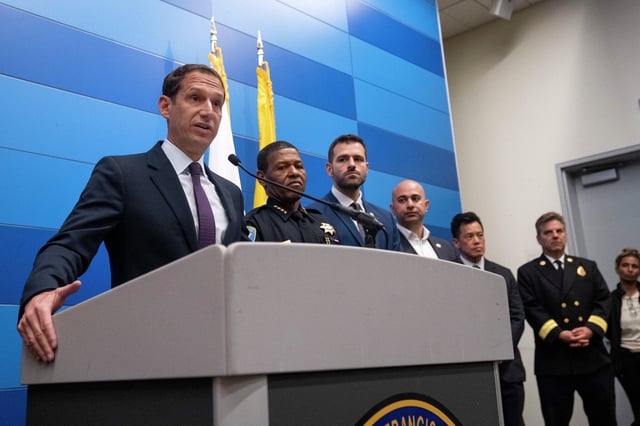 Mayor Daniel Lurie addresses the media during a news conference at the San Francisco Police Department Headquarters in San Francisco.