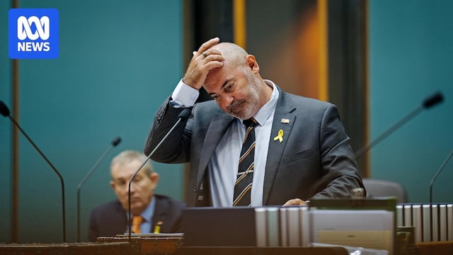 A man in a suit and tie standing up and speaking, inside a parliamentary chamber.