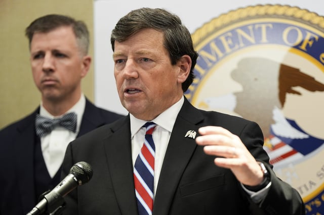 U.S. Attorney Edward R. Martin Jr. speaks at a news conference, Tuesday, May 13, 2025, in Washington. (AP Photo/Julia Demaree Nikhinson)