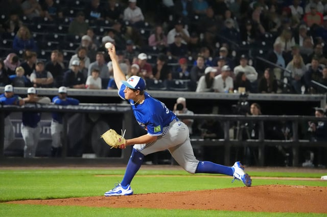 Feb 28, 2025; Tampa, Florida, USA; Toronto Blue Jays pitcher Jake Bloss (39) throws a pitch against the New York Yankees during the first inning at George M. Steinbrenner Field. Mandatory Credit: Dave Nelson-Imagn Images/File Photo
