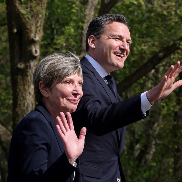 Eleanor Olszewski, the new Minister of Emergency Management and Community Resilience, and Evan Solomon, the new Minister of Artificial Intelligence and Digital Innovation, arrive ahead of a cabinet shuffle at Rideau Hall in Ottawa, Ontario, Canada, May 13, 2025.  REUTERS/Patrick Doyle