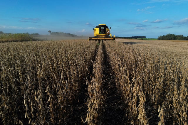 A drone image shows a farm worker operating a combine harvester during the soybean harvest season in Brazil's southernmost state, on a farm in Lagoa dos Tres Cantos, Rio Grande do Sul state, Brazil, April 1, 2025. REUTERS/Diego Vara./File Photo