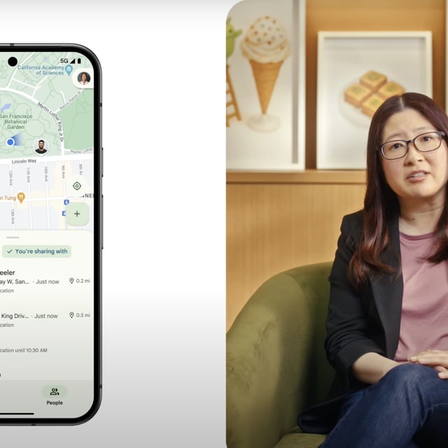 A smartphone displays a location-sharing map with contacts in San Francisco, while a woman sits on a green chair speaking, with dessert-themed artwork in the background.