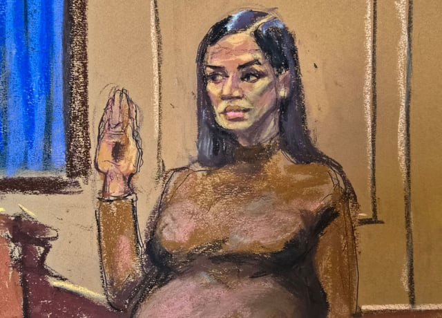Sean "Diddy" Combs' former girlfriend Casandra "Cassie" Ventura is sworn in as a prosecution witness at his sex trafficking trial in New York City, New York, U.S., May 13, 2025 in this courtroom sketch. REUTERS/Jane 