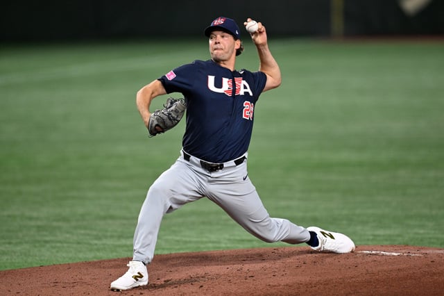TOKYO, JAPAN - NOVEMBER 21: Pitcher Rich Hill of the United States throws in the first inning during the WBSC Premier12 Super Round game between United States and Japan at Tokyo Dome on November 21, 2024 in Tokyo, Japan.