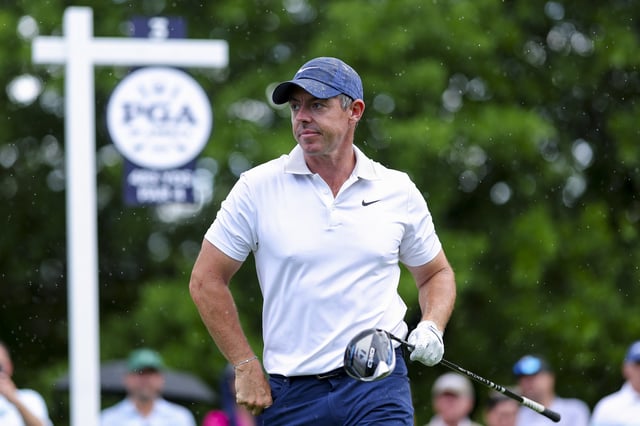 CHARLOTTE, NORTH CAROLINA - MAY 13: Rory McIlroy of Northern Ireland looks on from the third hole tee box prior to the PGA Championship at Quail Hollow Country Club on May 13, 2025 in Charlotte, North Carolina.