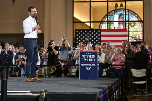 Pete Buttigieg, former transportation secretary, takes the stage during a VoteVets town hall, in Cedar Rapids, Iowa, on May 13, 2025.