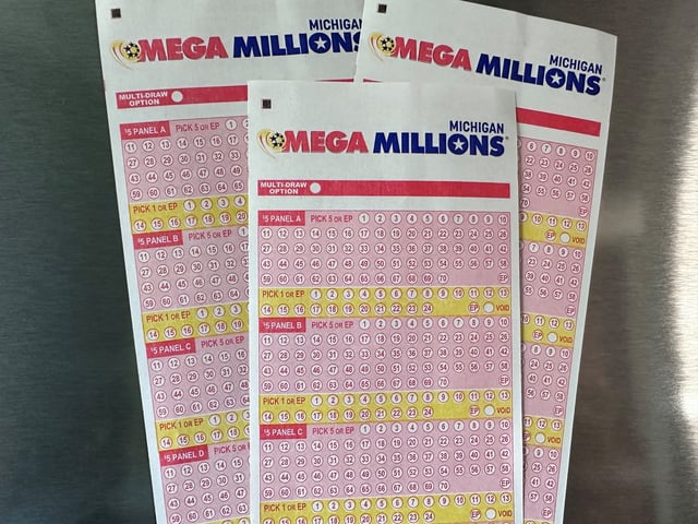 Mega Millions bet slips on Wednesday, April 9, 2025.