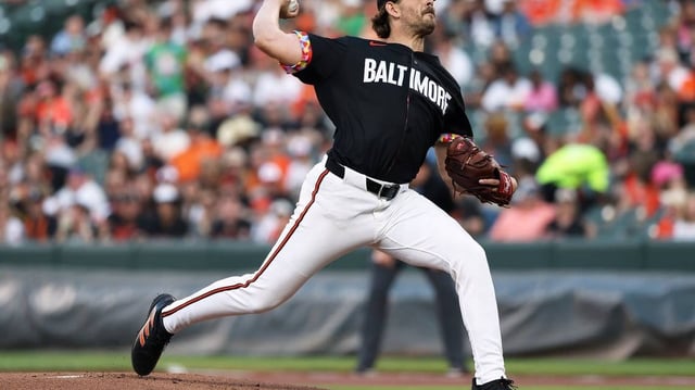 May 2, 2025; Baltimore, Maryland, USA; Baltimore Orioles pitcher Dean Kremer (64) throws the ball during the first inning against the Kansas City Royals at Oriole Park at Camden Yards. Mandatory Credit: Daniel Kucin Jr.-Imagn Images