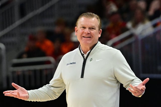 Mar 23, 2025; Milwaukee, WI, USA;  Illinois Fighting Illini head coach Brad Underwood reacts during the second half in the second round of the NCAA Tournament against the Kentucky Wildcats at Fiserv Forum. Mandatory Credit: Benny Sieu-Imagn Images/File Photo