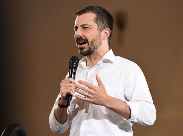 Former Secretary of Transportation Pete Buttigieg speaks during a VoteVets Town Hall in Cedar Rapids, Iowa, on Tuesday.