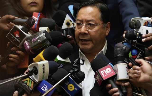 FILE - Bolivian President Luis Arce gives a press conference at the presidential palace in La Paz, Bolivia, April 7, 2025. (AP Photo/Juan Karita, File)