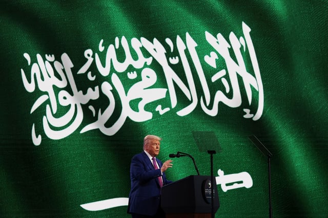 President Donald Trump addresses the audience at the King Abdul Aziz International Conference Center in Riyadh, Saudi Arabia, on Tuesday.