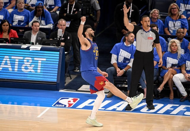 Jamal Murray (27) of the Denver Nuggets reacts to missing a three pointer during the fourth quarter of the Oklahoma City Thunder’s 112-105 win at Paycom Center in Oklahoma City on Tuesday, May 13, 2025. (Photo by AAron Ontiveroz/The Denver Post)