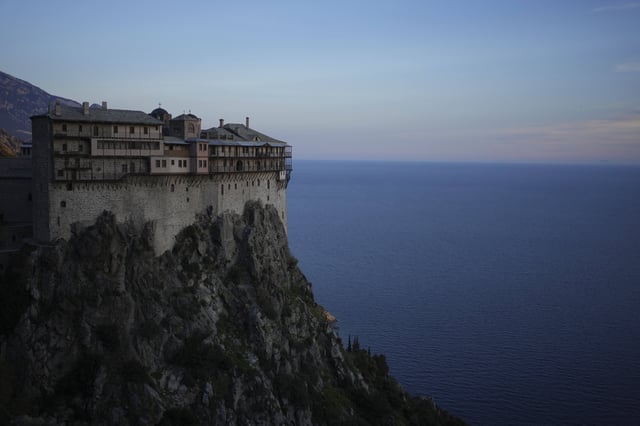 Simonopetra, or the Simonos Petra Monastery, home of the all-male autonomous community Agion Oros, or Holy Mountain, stands on the peninsula of Mount Athos in northern Greece, Sunday, April 13, 2025. (AP Photo/Thanassis Stavrakis)