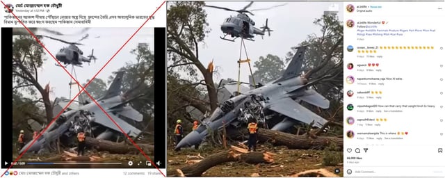 Screenshot of the false post's video (left) and the Instagram video (right).
