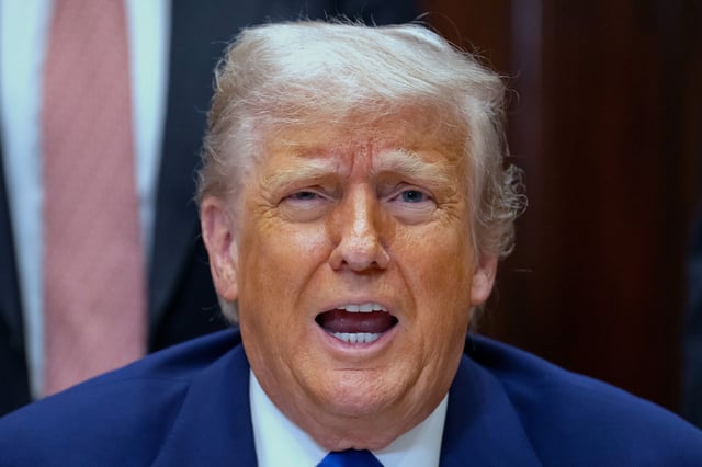President Donald Trump answers a reporter&#39;s question during an event in the Roosevelt Room at the White House, Monday, May 12, 2025, in Washington.
