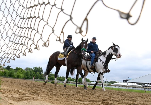 Trainer D. Wayne Lukas walks his Preakness horse, Just Steel, on the track at Pimlico Race Course. Preparations continue for the 149th Preakness Stakes to be held on Saturday. (Lloyd Fox/Staff)