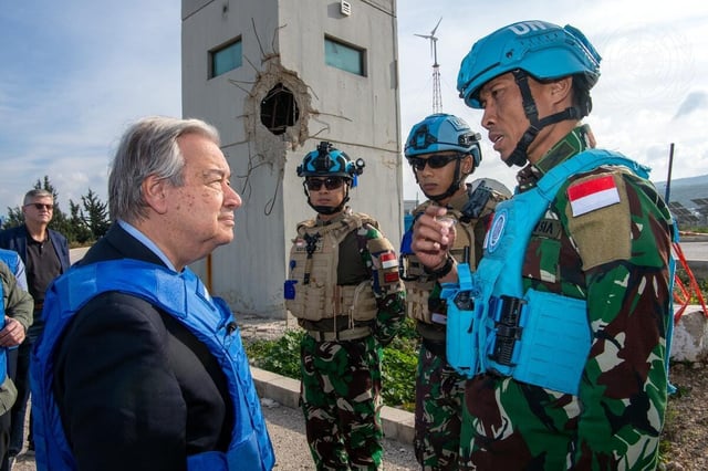 United Nations Secretary-General António Guterres meets with peacekeepers in Naqoura, Lebanon.