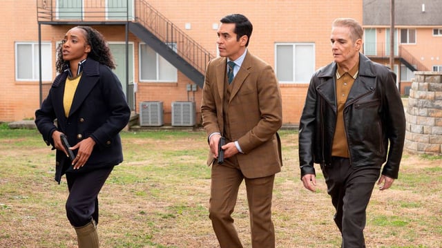 From left, Faith (Iantha Richardson), Will Trent (Ramon Rodriguez) and Caleb (Yul Vazquez) try to take down a domestic terrorist group during Episode 17 of “Will Trent” Season 3. (Wilford Harewood/Disney/TNS)