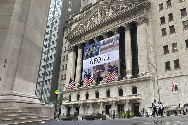FILE - The New York Stock Exchange, with a banner for American Eagle Outfitters, is shown on Tuesday, Sept. 17, 2024, in New York. (AP Photo/Peter Morgan, File)